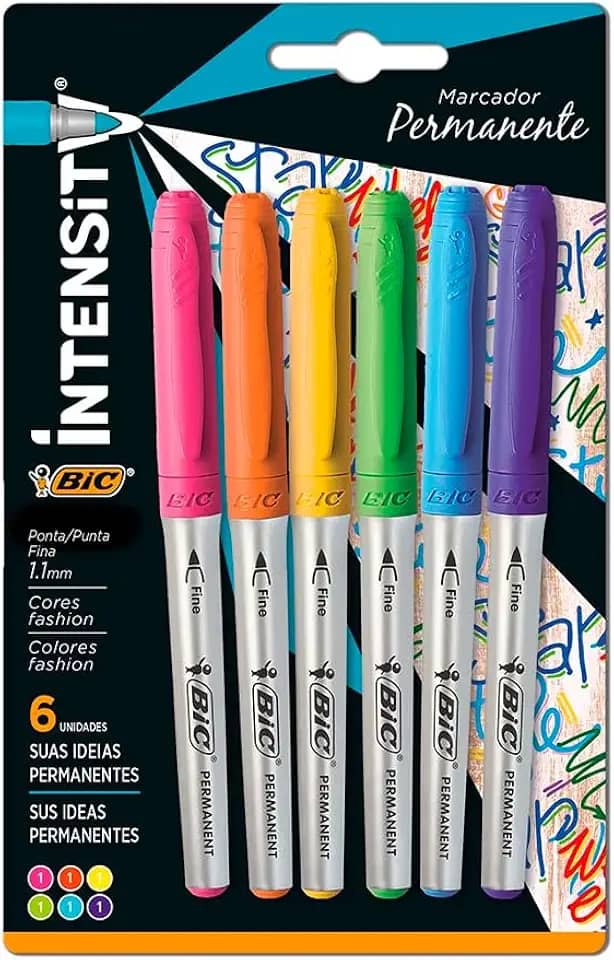 Pincel Marcador Permanente BIC Marking Color, Ponta Média de 1.1mm, 6 Cores Vivas, c/ Grip Emborrachado, 891633