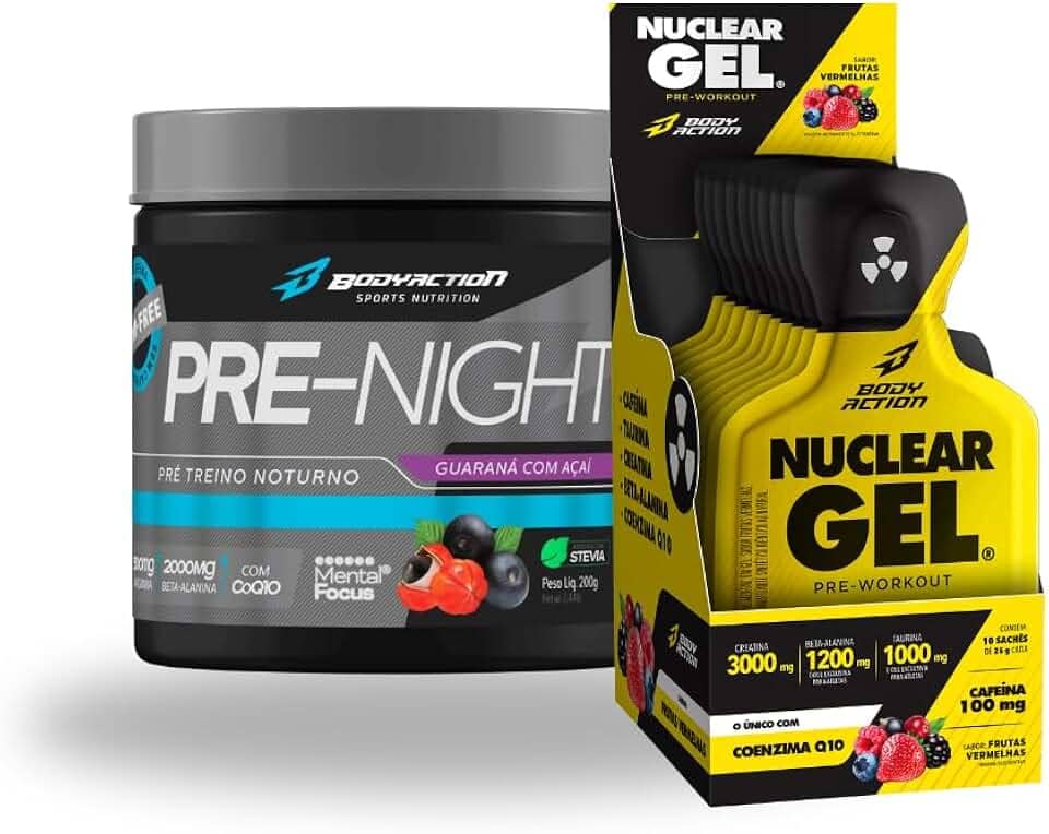 Kit Pré Treino 350g Nuclear Rush 10 saches em Gel (25g) Frutas Vermelhas - Pré NIGHT Pre Treino Noite Guaraná com Açai