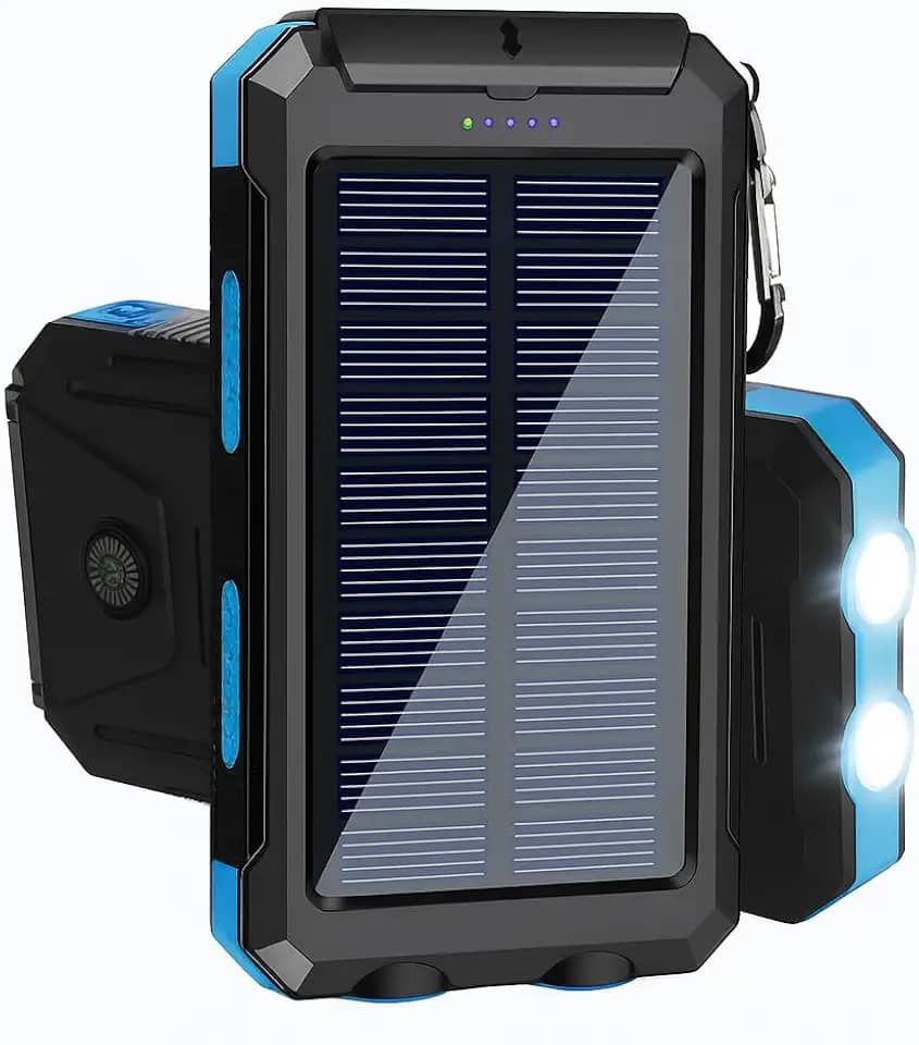 Power Bank Solar Portátil, 10000mAh, Preto, Carregamento Rápido, Bateria Solar com LED, USB Duplo, Resistente à Água IP4, para Smartphones e Dispositivos USB (Azul)