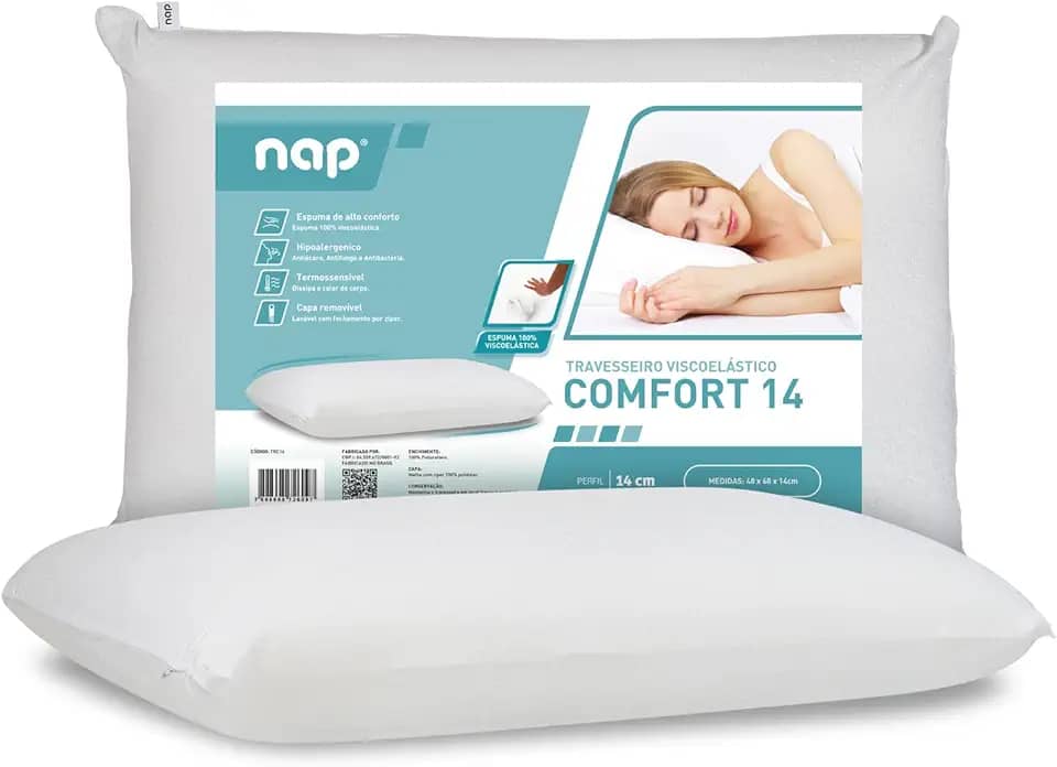 Nap Travesseiro Nasa Alto 14cm Comfort D40 Premium com capa percal 180 fios 100% algodão - Branco