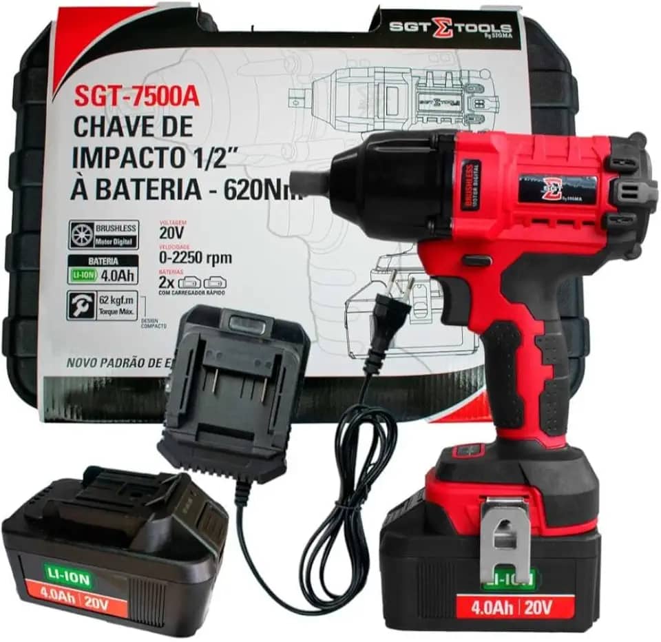 Chave de impacto a bateria 20V Brushless encaixe 1/2" com 2 baterias - SGT-7500A - Sigma