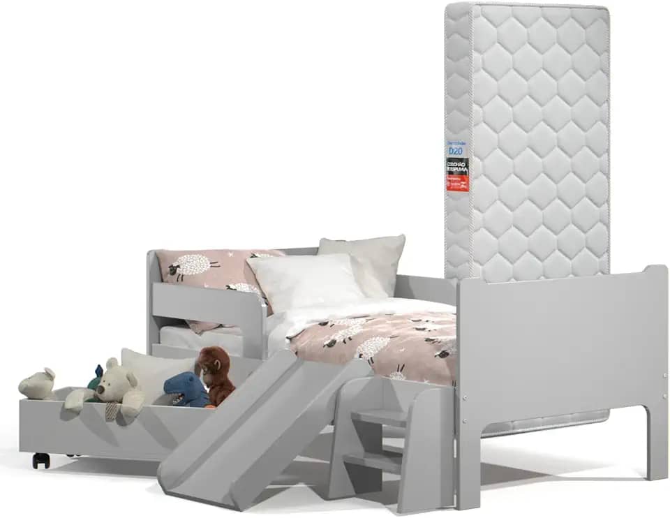 Mini Cama Sonho Kid's Infantil Montessoriana Cinza Com Colchão