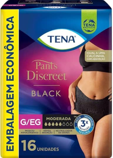 Tena Pants Discreet, Calcinha Descartável para Incontinência Urinária, Preto, G/EG - 16 unidades