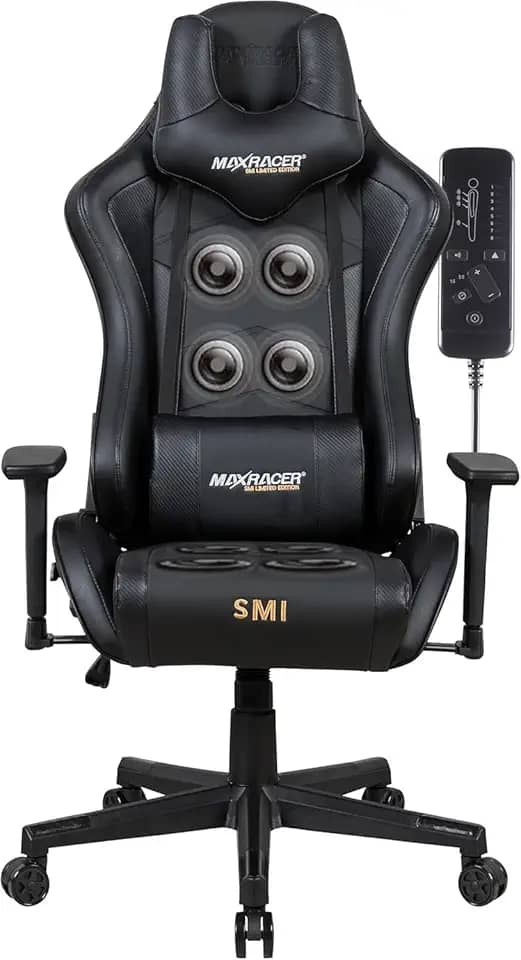MAX RACER - Poltrona Massageadora Home Office Tactical-SMI - Cadeira Ergonômica, Cadeira de Escritório - 8 Pontos de Massagem, Braços 3D, Suporta 150kg, Tecido Sintético P.U, Inclinação 180° - Preta