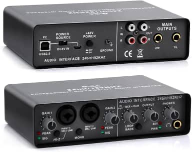 Interface de Audio, Placa de Audio, 24 BIT/192KHZ/48 V, Função de Monitor para Estúdio/Gravação Musical/Gravação Vocal/Jogos/Equipamentos para Gravação Musical, Etc