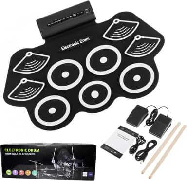 Bateria Eletrônica Instrumento Musical Portátil de Silicone com 9 Pads, Pedais, Baquetas, MIDI Ideal para Crianças, iniciantes, Músicos, Prática Musical em Casa - E FCS Store