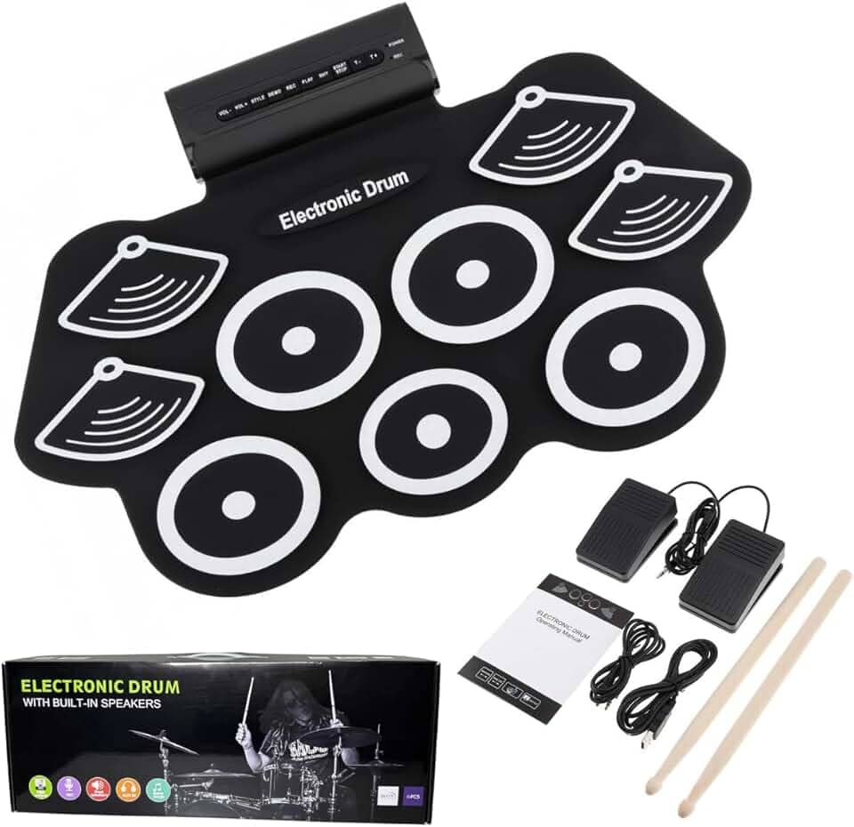 Bateria Eletrônica Instrumento Musical Portátil de Silicone com 9 Pads, Pedais, Baquetas, Ideal para Crianças, iniciantes, Músicos, Prática Musical em Casa - E FCS Store