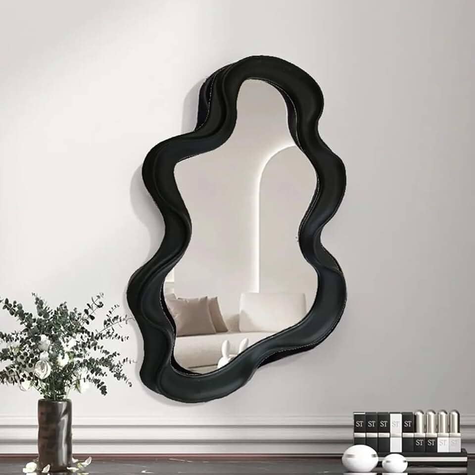 Espelho Decorativo Orgânico Ondulado 23x40cm – Design Moderno e Minimalista, Moldura Resistente em Plástico Premium – Ideal para Sala, Quarto, Hall ou Banheiro - Vende Mais (Preto Moudura Ondulada)