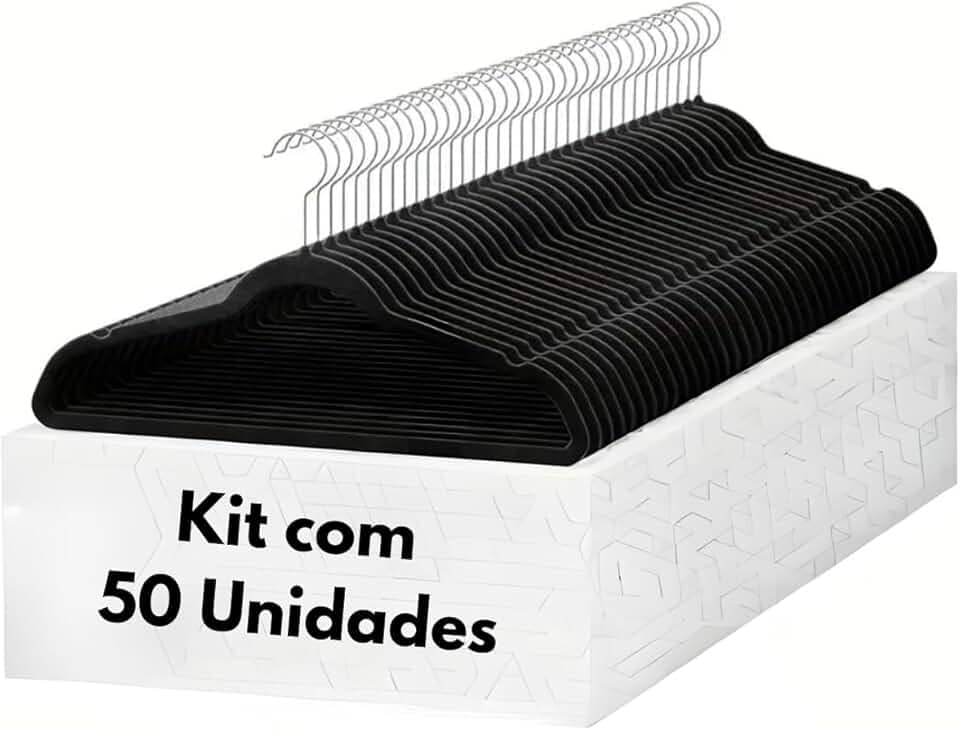 Cabide De Veludo Preto Adulto Ultrafino Slin Antideslizante Kit com 50 Un.Cabides 360°Graus Para Roupas Casacos Camiseta Calça Reforçado
