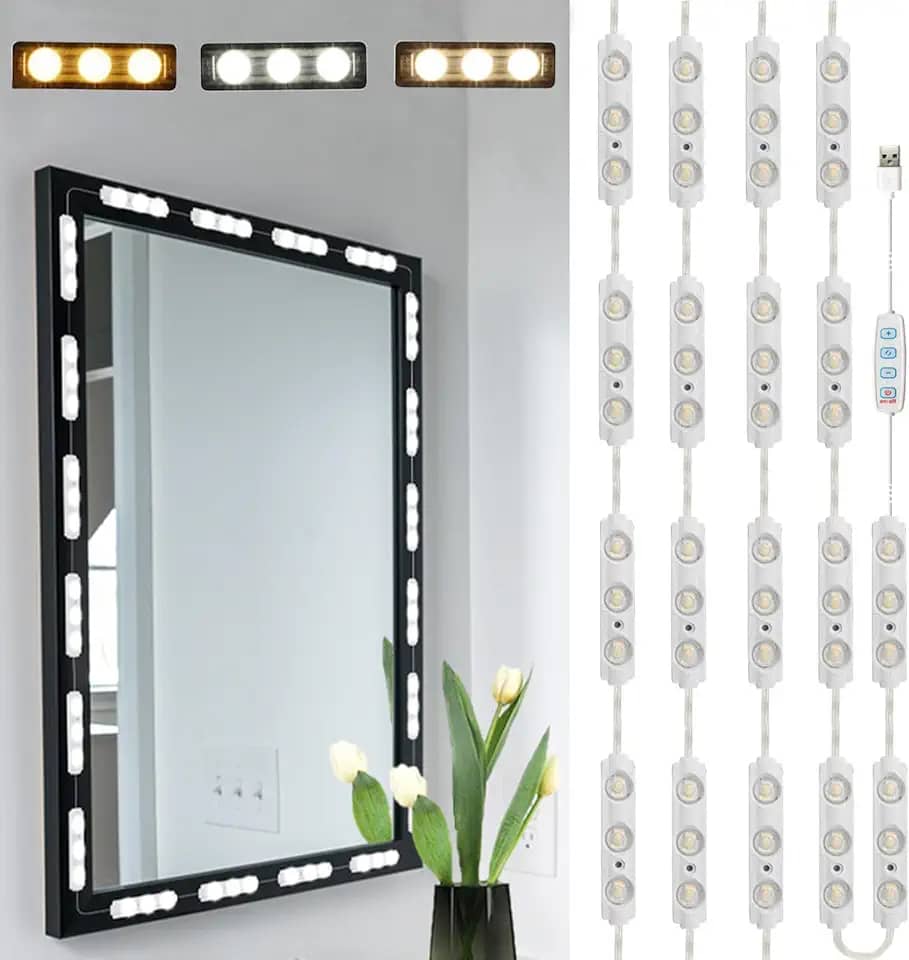 Luzes de LED para espelho, 18 x 3 LEDs 3 metros estilo Hollywood luzes espelhadas fixam-se para maquiagem penteadeira, 3 cores reguláveis e 10 níveis de brilho para espelho de mesa e banheiro.