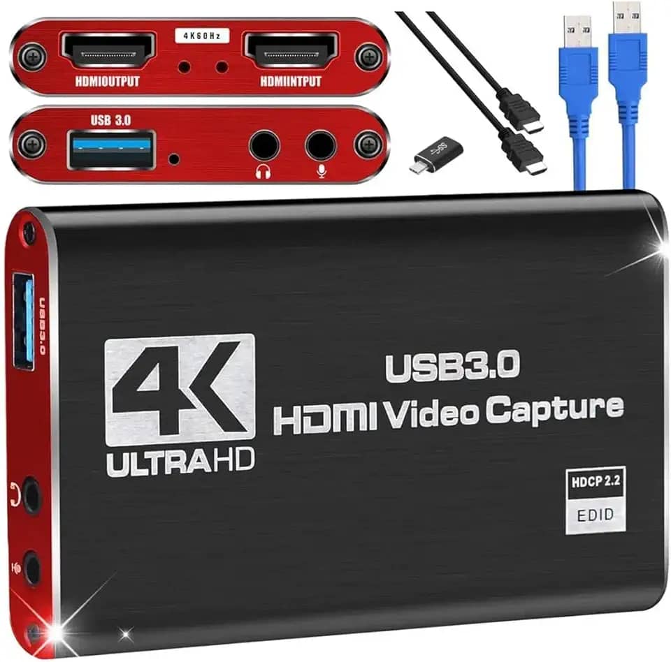 Placa de Captura HDMI 4K USB 3.0, Captura de Vídeo e Áudio para Streaming, Compatível com Windows/Linux/MacOS, Entrada HDMI para Consoles e Câmeras, Nintendo Switch e video streaming