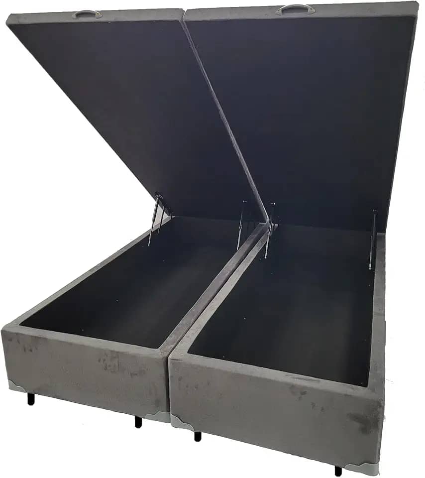 Cama Box QUEEN SIZE com Bau Pistão a gás cinza suede Bipartido - 158x198x27