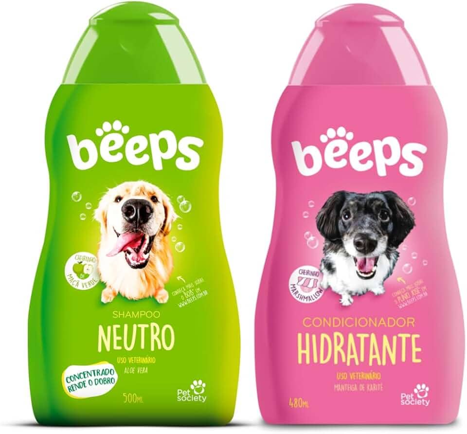 Kit Shampoo Neutro e Condicionador Hidratante Beeps 500ml Cães Gatos Pet Society