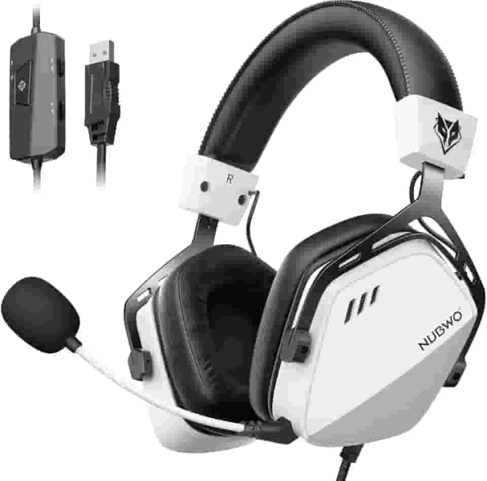 Fone de Ouvido Gamer USB com Som Surround 7.1 e Áudio para FPS, Headset com Fio e Microfone de Cancelamento de Ruído, Design Confortável para PC, PS4, PS5, Notebook - Branco