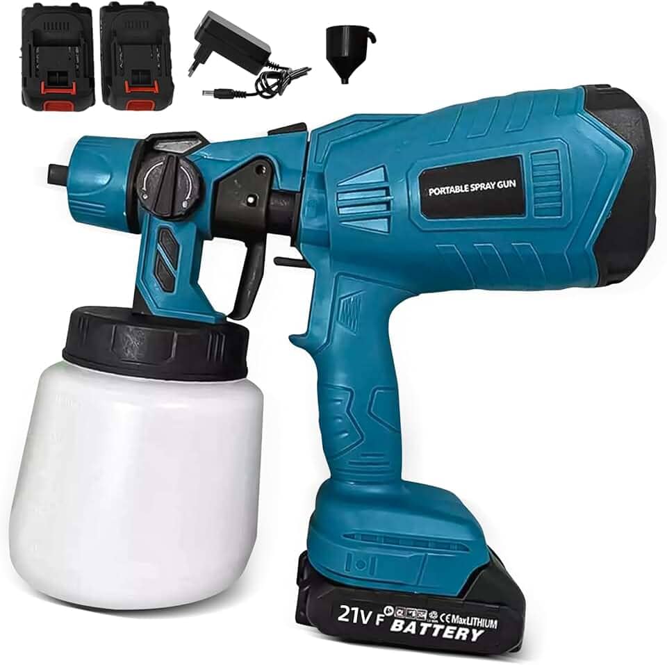 Pistola de Pintura Elétrica Profissional Compressor Com Bateria e Regulagem de Spray Com 1000ml Com 2 Baterias 36V Azul