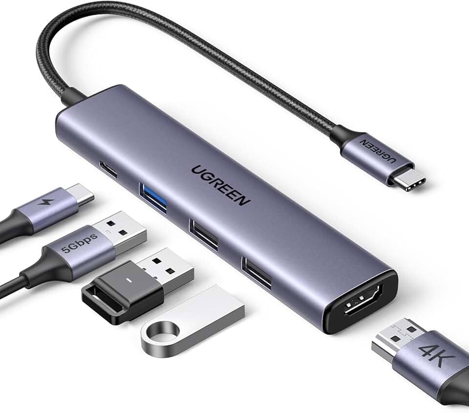 USB C Hub 5 em 1 adaptador multiporta 4K HDMI, fornecimento de energia de 100 W, 3 portas de dados USB-A, dongle USB C para MacBook Pro/Air, iPad Pro, iMac, iPhone 15 Pro/P