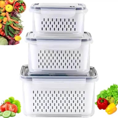 Kit 3 Potes Organizadores Herméticos para Geladeira com Cesto Interno – Livre de BPA, Empilháveis, Conserva Frutas e Legumes Frescos