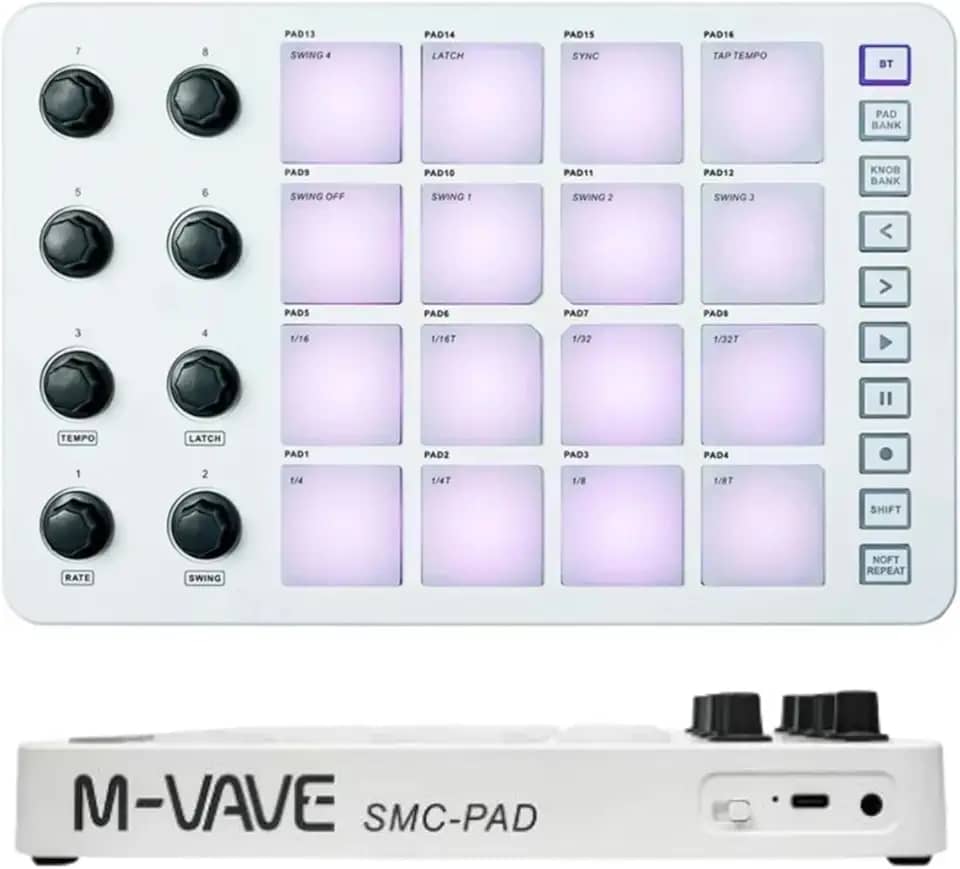 Controlador MIDI, 16 teclados MIDI retroiluminados RGB,mini pads portáteis Multifuncional, USB C recarregável sem fio, suporta a maioria das conexões de PC e telefone celular SMC M-VAVE CUVAVE