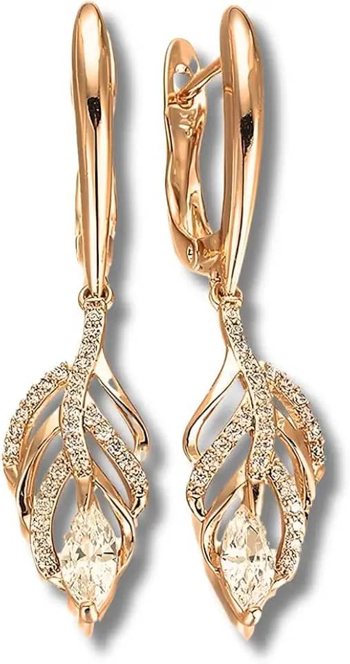 Brinco Feminino "Diamond Leaf" – Semijoia Exclusiva com Design de Folha – Banhado a Ouro 14K e Cravejado de Zircônias – 4cm – Estilo Sofisticado e Autêntico – Acompanha Bolsa de Veludo