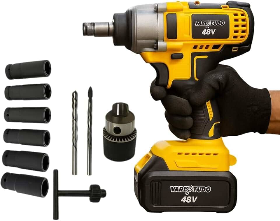 Chave de Impacto 48V Parafusadeira e Furadeira Recarregável Bivolt 2 Baterias 2000mAh, Furadeira de Impacto, com Soquetes e Maleta, Kit Completo para Uso Profissional e Manutenção