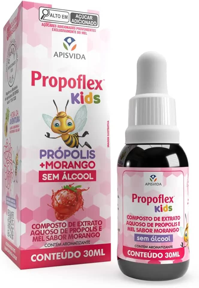 APISVIDA Extrato Aquoso de Própolis e Mel Sabor Morango Propoflex Kids | 30mL | Sem Álcool e Sabor Suave para Consumo Diário