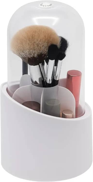 Porta Pincéis Organizador de Maquiagem Giratório com Tampa Transparente – Rotação 360° | À Prova de Poeira | Organização Multifuncional – Rosa
