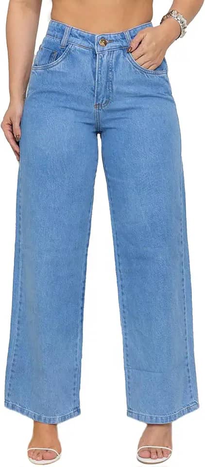 Calça Jeans Azul Claro Wideleg Cintura Alta