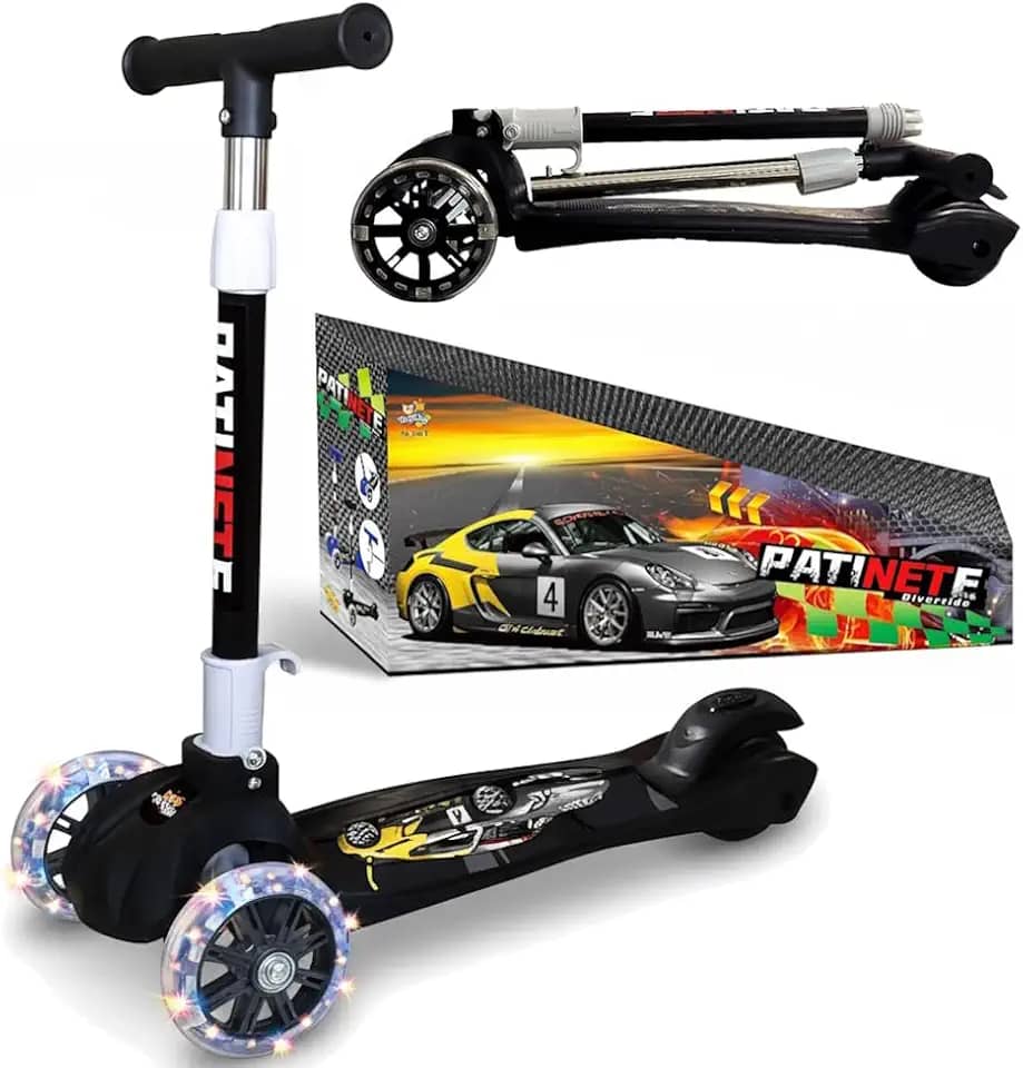 Patinete Super Scooter Carros 3 Rodinhas Reforçado com Luzes LEDs nas Rodas Freio Azul ou Preto