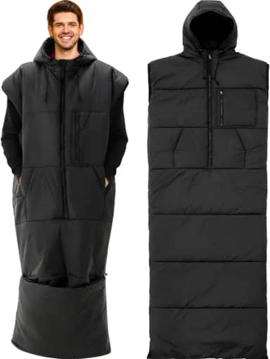 Macarrie Saco de dormir vestível para adultos com mangas e capuz, 187 cm de comprimento, 0 graus, clima frio, isolado, saco de dormir para clima frio extremo, acampamento, caminhada, estádio (preto)