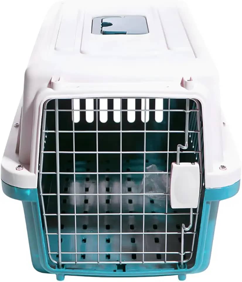 Caixa de Transporte para Animais de Estimação Trava Dupla, Gaiola Resistente 48x30x30cm, para Viagem Passeio Avião, para Cães e Gatos (azul)