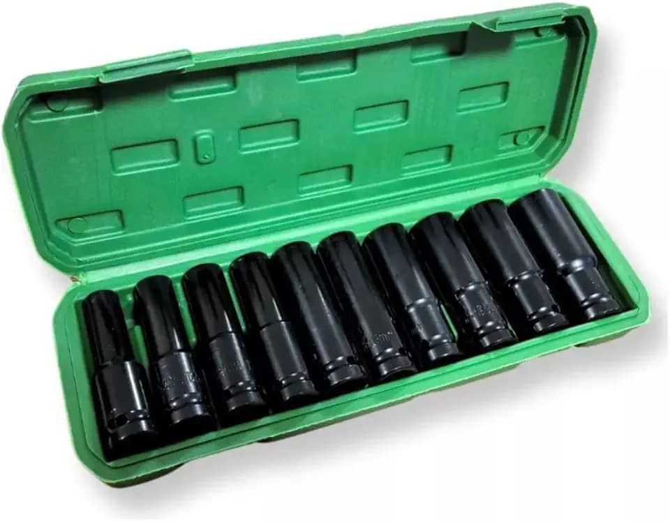 JOGO COM 10 SOQUETES LONGOS SEXTAVADOS 1/2 POL, 10 A 22 MM