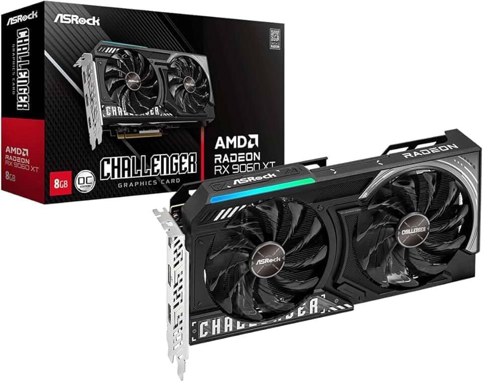 ASRock Placa gráfica Radeon RX 9060 XT Challenger 8GB GDDR6 OC | Boost de 3290 MHz | Ventilador duplo | Refrigeração 0dB | Placa traseira de metal | PCIe 5.0 | DisplayPort 2.1a, HDMI 2.1b