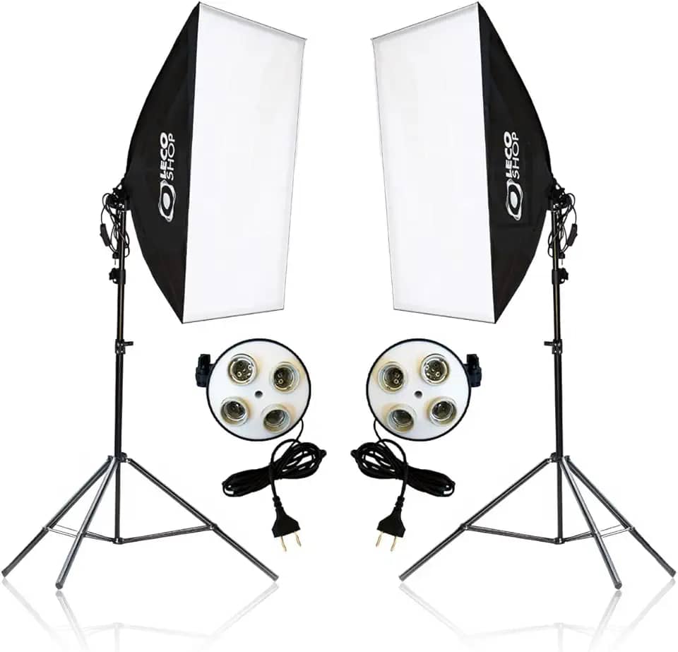 Kit Softbox Iluminação Contínua 2x 50x70cm com Tripés 2m e Soquete Quadruplo – Estúdio Fotografia, Vídeo, YouTube, Lives e Maquiagem