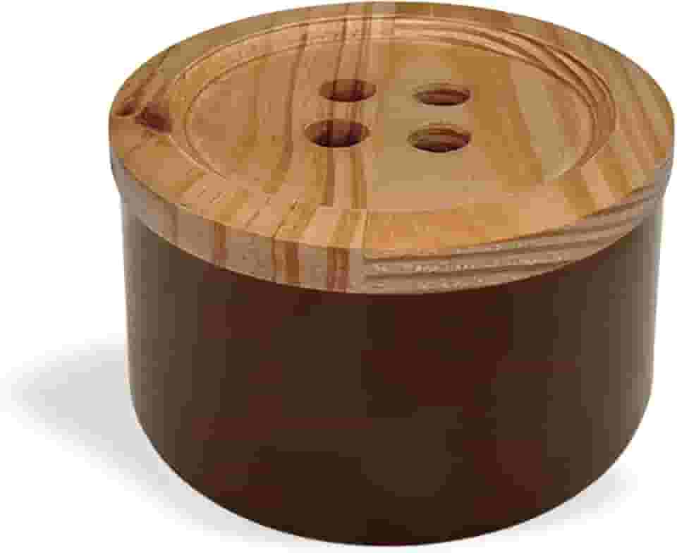 Caixa Decorativa Formato Botão Organizadora Costura Aviamentos Caixa Marrom Tampa de Madeira - Geguton