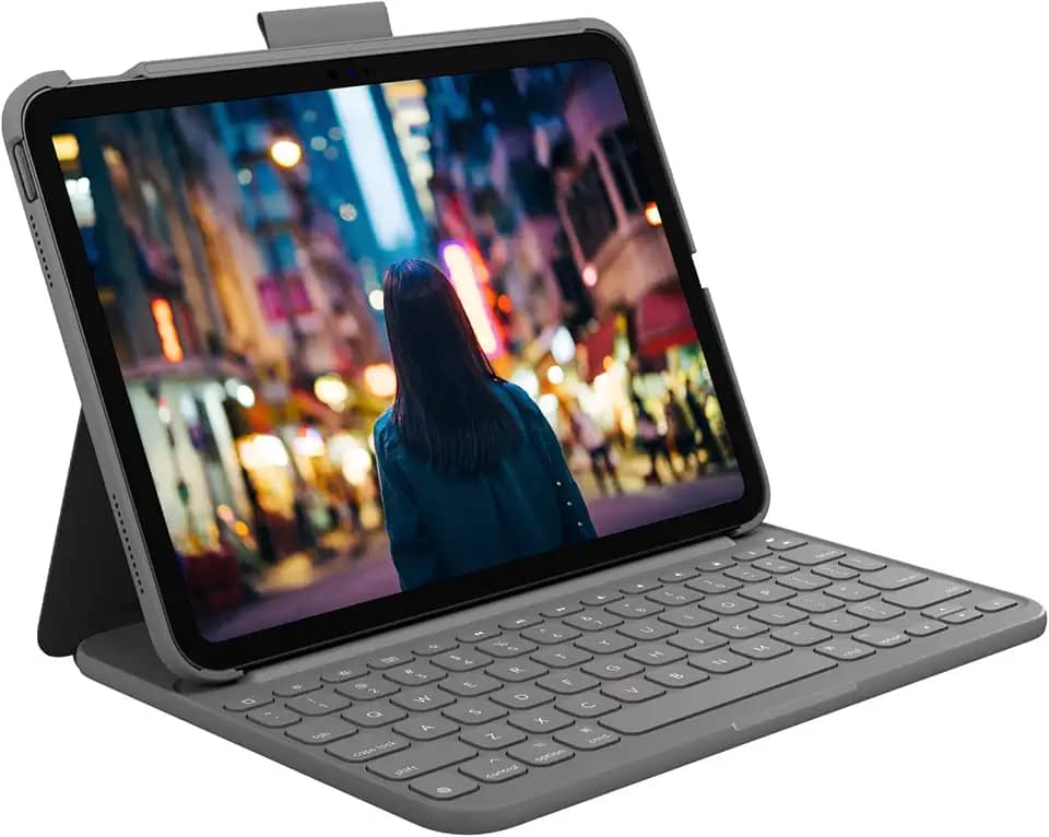 Capa com Teclado Logitech Slim Folio para iPad (10ª geração e A16) Com Suporte, Conexão Bluetooth LE, Resistente à Quedas, Arranhões e Respingos - Cinza