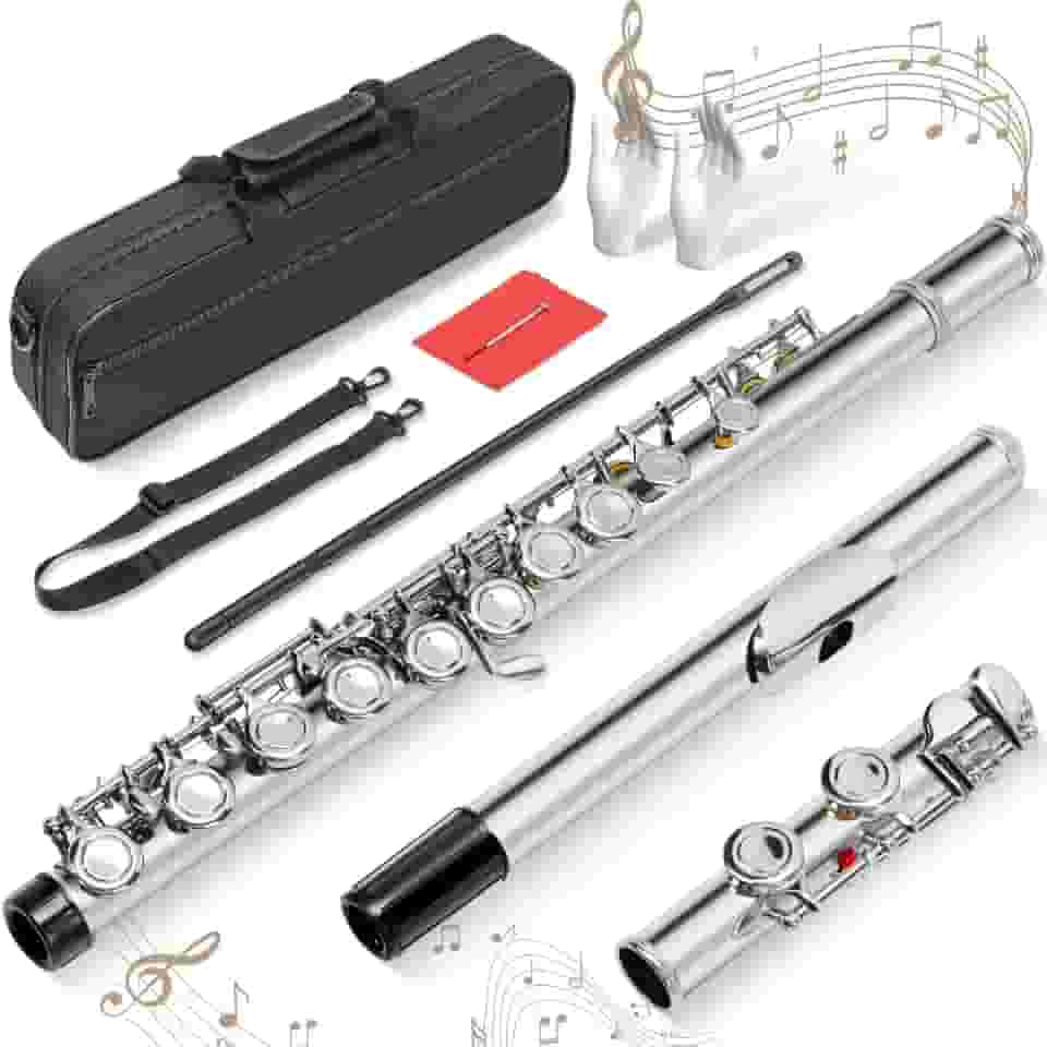 Kit Flauta Transversal Prateada Dó, 16 Furos C Flauta Chave Fechada, Instrumento de 16 Teclas para Iniciantes