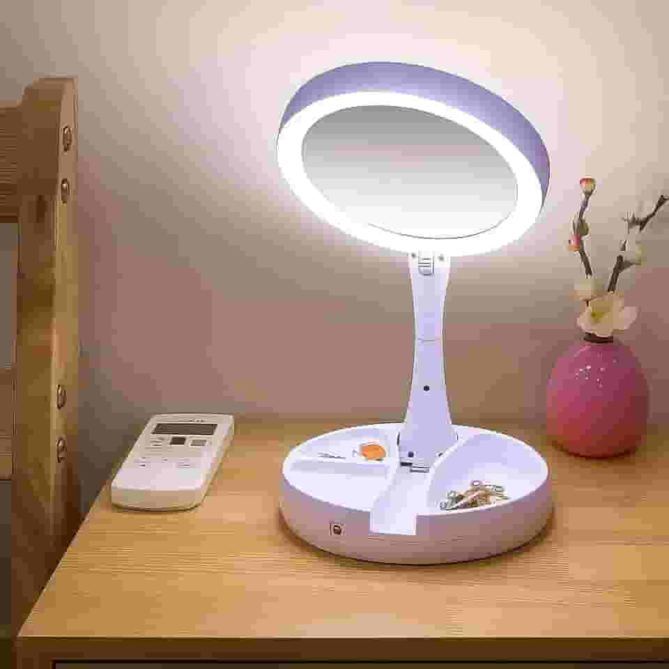 Espelho De Camarim LED Com Zoom De 10× Articulável – Dupla Face, Iluminação Natural, Dobrável e Portátil para Maquiagem e Barbear - PREMIUM