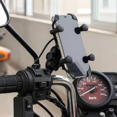 Suporte de Celular para Moto com Carregador USB 2.4, Fixação por Garra no Retrovisor ou Parafuso do Guidão, Resistente, Antivibração, Rotação 360°, Designer Ergonômico, Compatibilidade até 6.8'