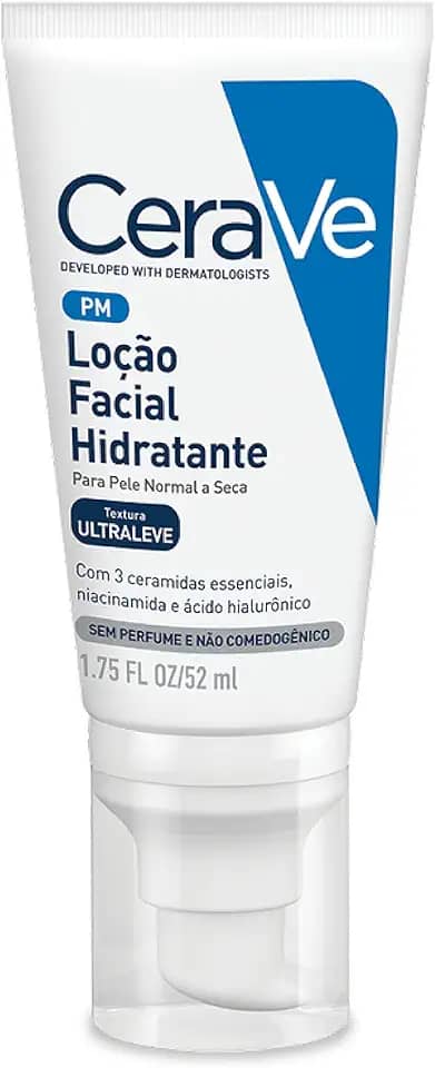 CeraVe Loção Facial Hidratante PM, Textura Ultraleve, Hidratação Suave e Rápida Absorção, com Ceramidas Essenciais e Ácido Hialurônico, Sem Perfume e Hipoalergênica, 52ml