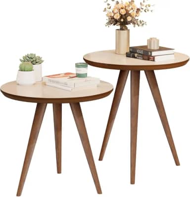 Mesa de Canto e Apoio Redonda Pés Palito em Madeira Modelo Retro Decorativa Star Off White/Freijó