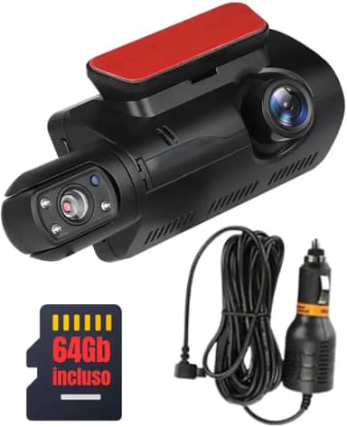 Câmera Veicular Dupla Lente Full HD, 3.0 Polegadas, com Sensor-G, Visão Noturna, Detector de Movimento, Cartão 64GB, Monitoramento 24h Camera de Carro