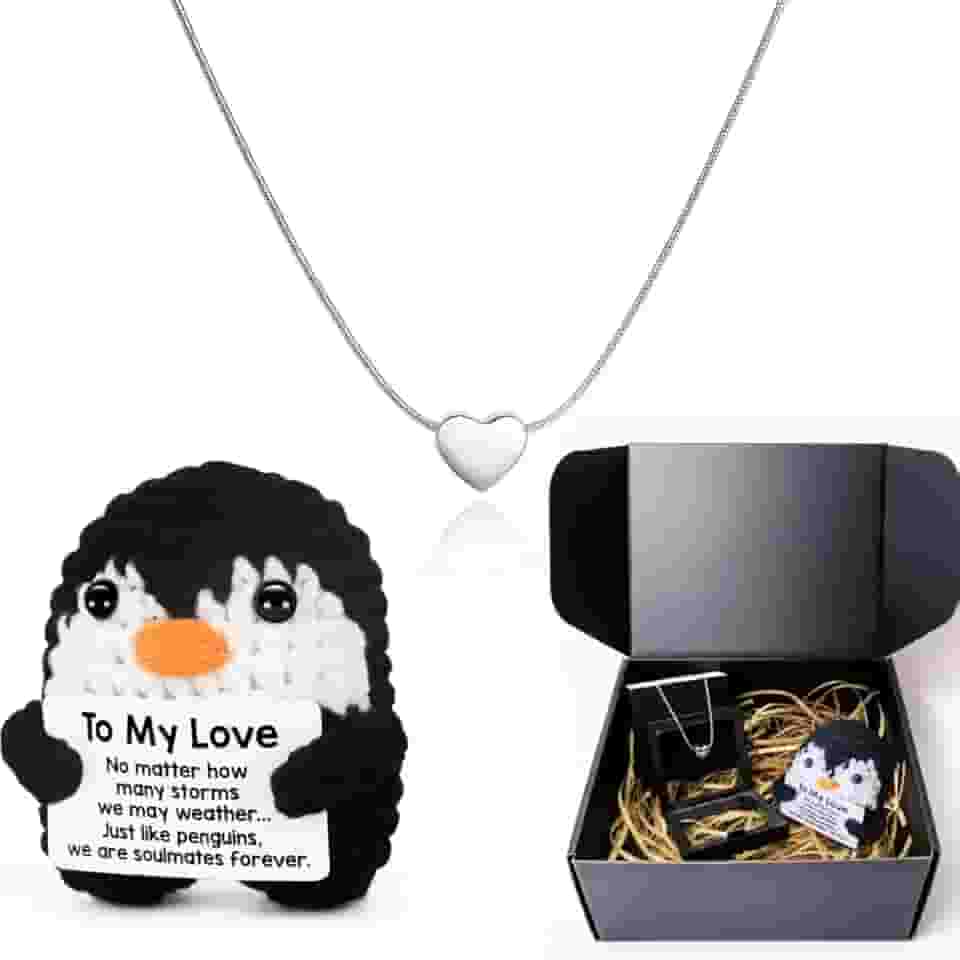 Presente Feminino Romântico Inesquecível Namorada Esposa Dia dos Namorados - Kit Pinguim de Crochê e Colar de Coração em Aço Inoxidável - Embalagem Premium para Surpreender