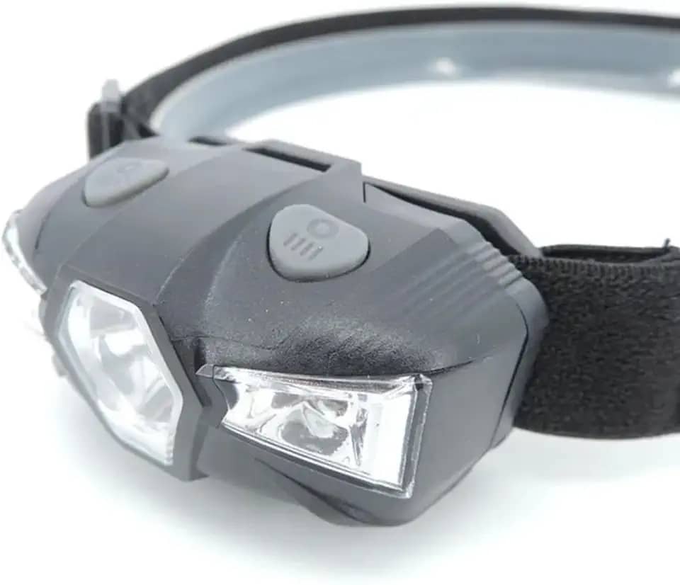 Lanterna de Cabeça LED 300 Lumens, Luz Branca e Vermelha, Modo SOS, Ajustável, Bateria AA