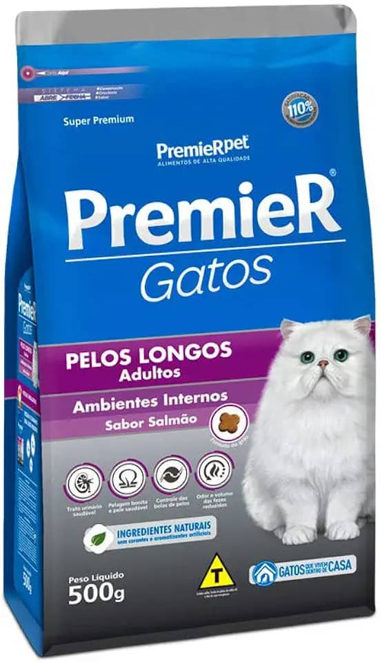 Premier Pet Ração Premier Ambientes Internos Pelos Longos Para Gatos Adultos Sabor Salmão - 500G