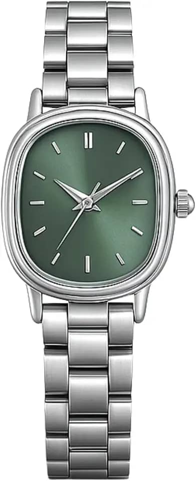 Relógio Feminino Delicado Aço Inoxidável Pequeno Oval Elegante Prateado Verde Old Money
