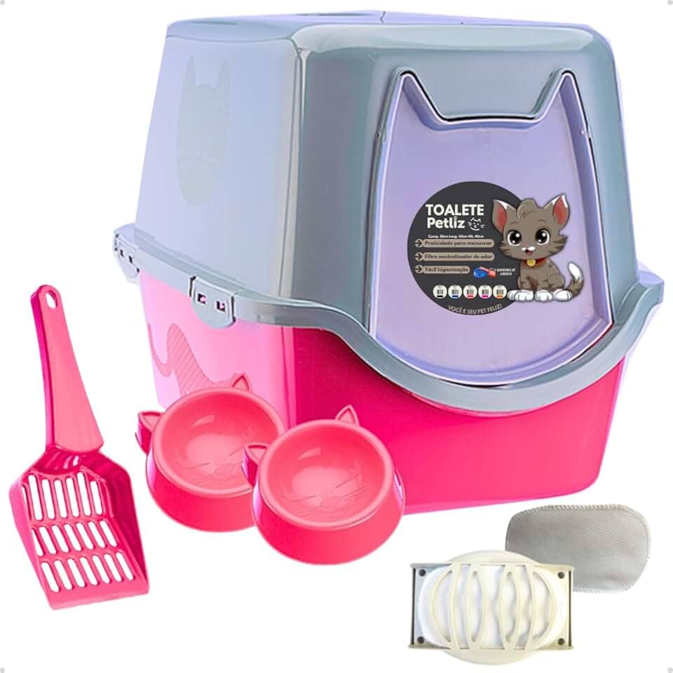 Caixa de areia para Gatos Toalete Rosa Petliz Banheiro Bandeja Sanitário Higiênico Facil Limpeza com Comedouros e Pá