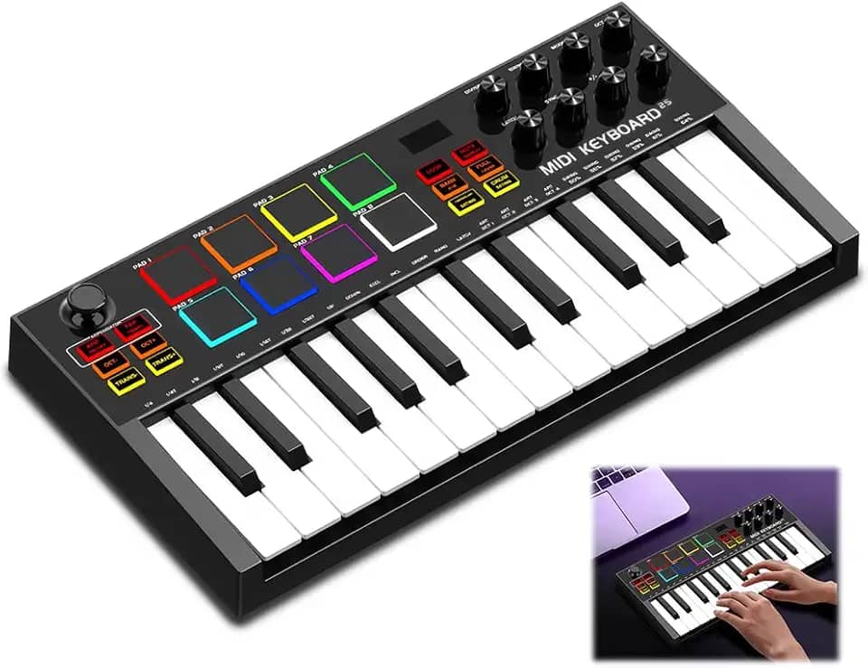 Teclado MIDI, Controlador MIDI, Teclado Controlador 25 Teclas Midi, Controlador Midi 25 Teclas com 8 Pads RGB, Produção Musical, Visor OLED Visualizável, 12 Semitons de Transposição