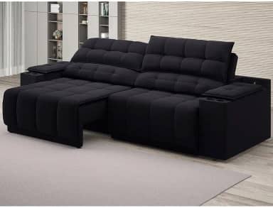 Sofá com Usb Retrátil e Reclinável Samurai Preto 2,50m