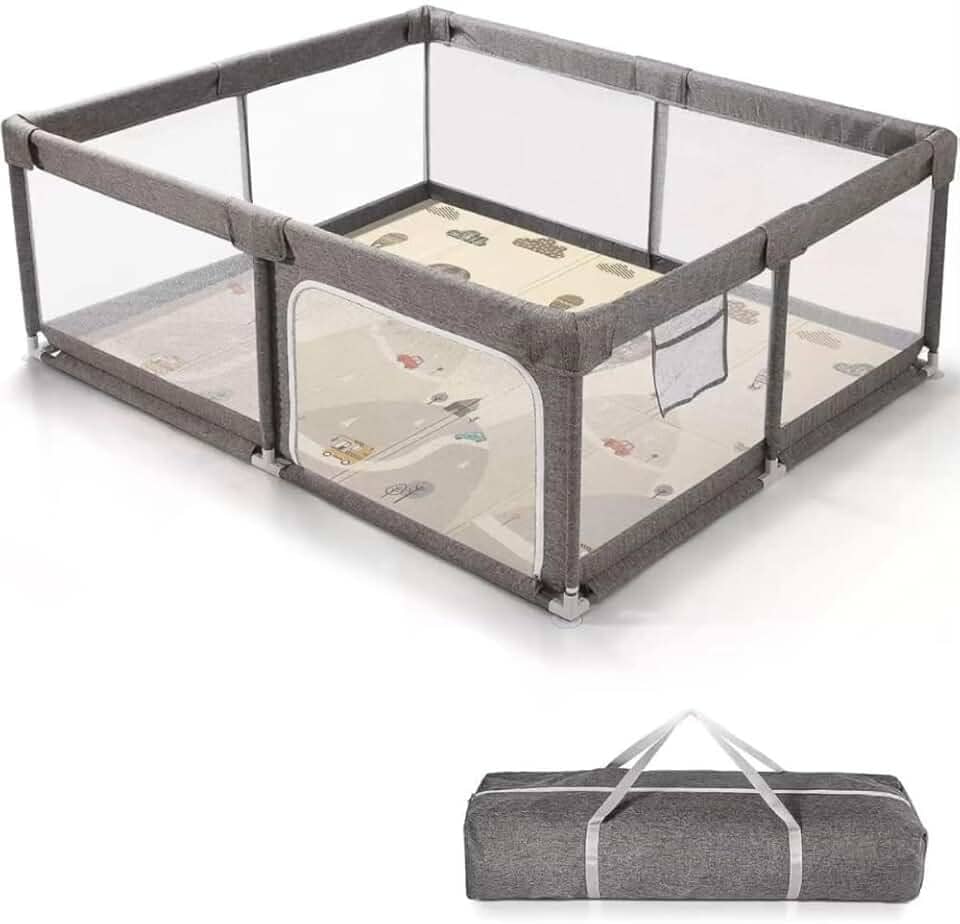Cercadinho Infantil Portátil 150x170cm com Portinha e Bolsa – Tela Respirável 360°, Estrutura Reforçada e Base Antiderrapante – Parquinho/Piscina de Bolinhas para Bebê