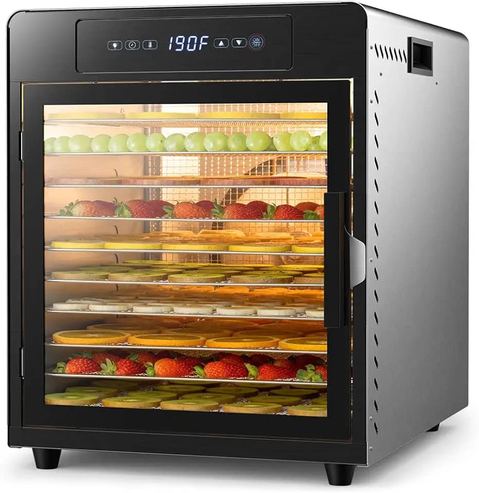 Desidratador de alimentos 800W | 10 bandejas grandes de aço inoxidável | Temperatura digital ajustável de 88 °C e temporizador de 24H, máquina de secagem versátil para iogurte de cogumelos de